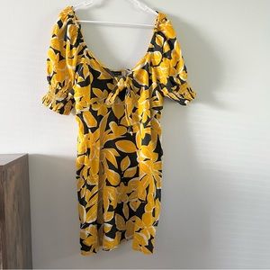 Who What Wear Linen Blend Yellow Floral Black Mini Dress Low Cut Tie Front XXL